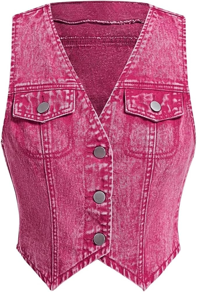 MakeMeChic Women's Denim Vest Button Down Asymmetrical Crop Top Sleeveless V Neck Y2K Jacket | Amazon (US)