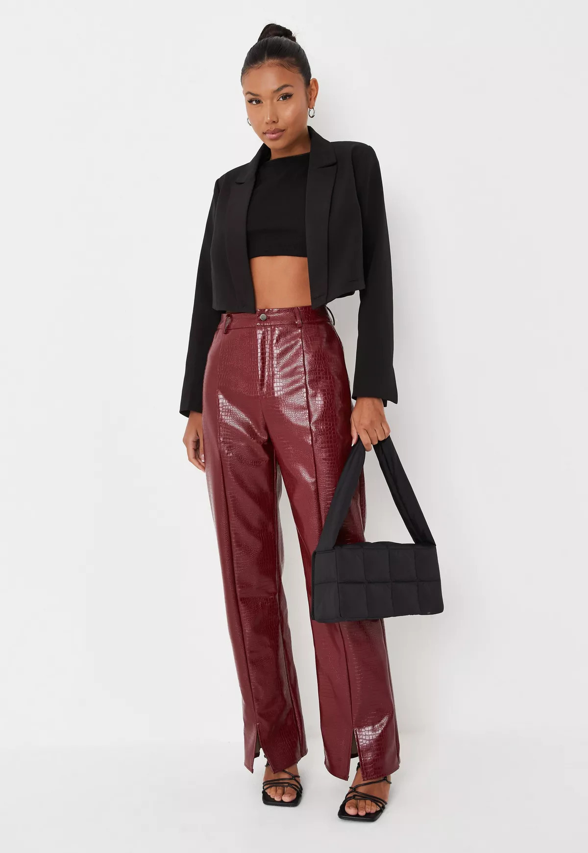 Missguided - Wine Vinyl Mock Croc Seam Detail Wide Leg Pants | Missguided (US & CA)