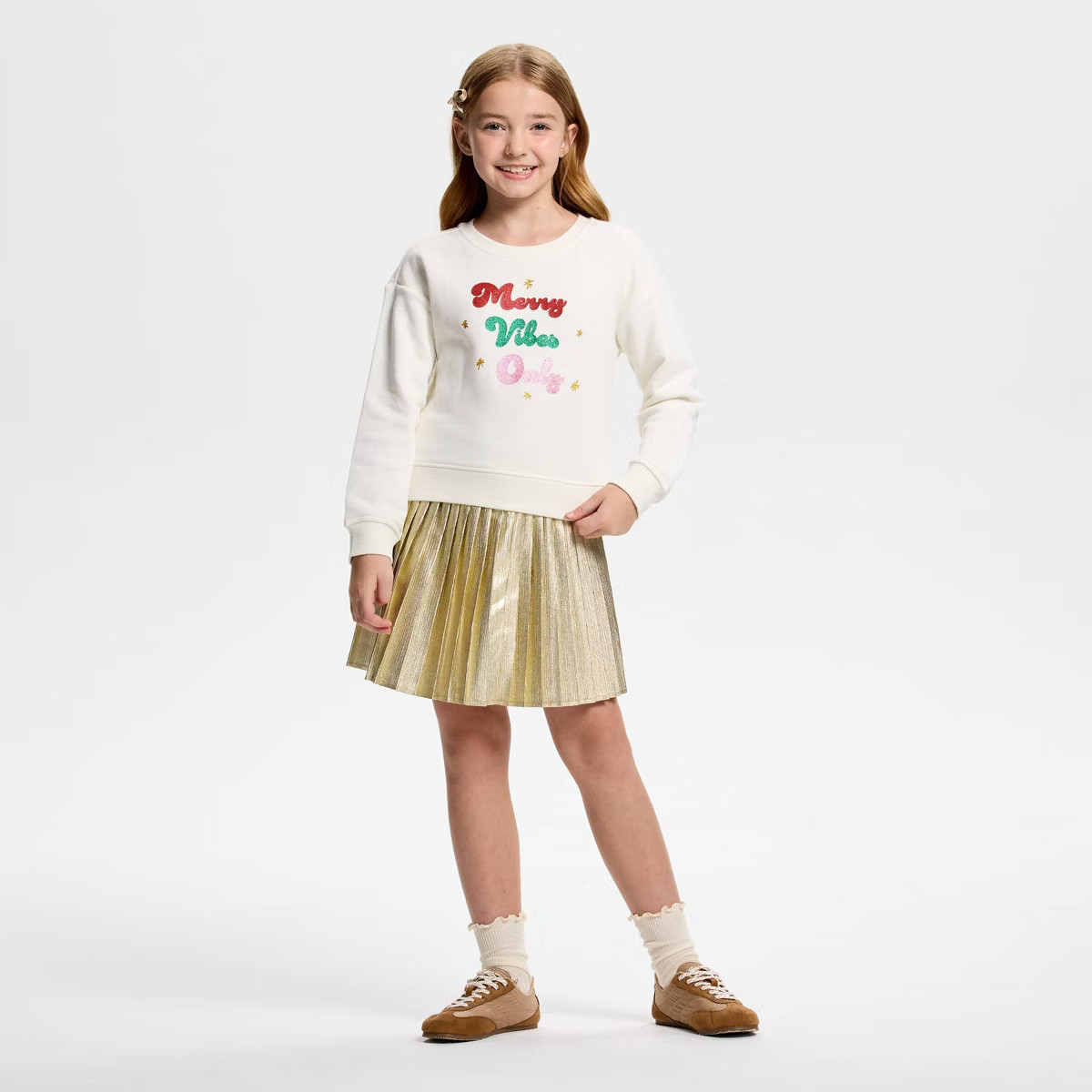 Owillo® Girls' French Terry 'Merry Vibes Only' Graphic Sweatshirt - White S | Target