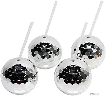 Amazon.com: Andaz Press 1970s Disco Ball 19 oz Drink Tumbler with Straw, Silver, 4-Pack, for Meta... | Amazon (US)