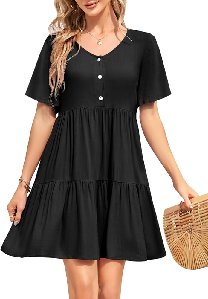 Rilista Women Summer Babydoll Mini Dress Casual Short Sleeve Tiered Button Down Dresses with Pock... | Amazon (US)