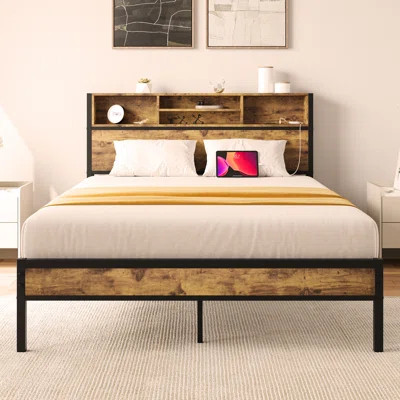 Bed Frame with Storage Headboard, Metal Platform Bed with Charging Station, Bookcase Storage, No Box Spring Needed | Wayfair North America