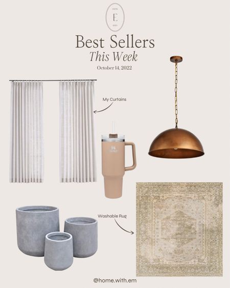 Here are the best sellers from all my post this week! My pinch pleat beige curtains, brass dome pendant light, washable area rug, cement planters, vases, Stanley tumbler in driftwood.

#LTKstyletip #LTKhome #LTKfamily