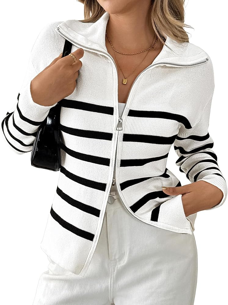 Bsubseach Striped Cropped Cardigan Sweater for Women Zip Up Lightweight Jacket Trendy Fall Outfit... | Amazon (US)