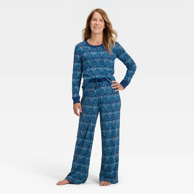 Women's Hanukkah Ribbed Long Sleeve Shirt and Pants Holiday Matching Family Pajama Set - Wondershop™ Blue S | Target