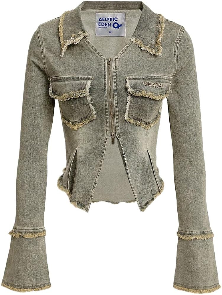 Aelfric Eden Womens Denim Jacket Fringe Two-Way Zipper Fashion Vintage Washed Long Sleeve Jean Co... | Amazon (US)