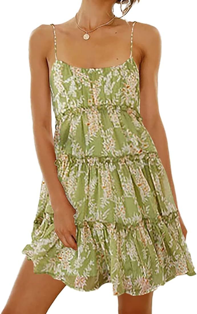 Rooscier Women's Floral Tie Strap Sleeveless Ruffle Tiered Swing Sundress Mini Dress | Amazon (US)