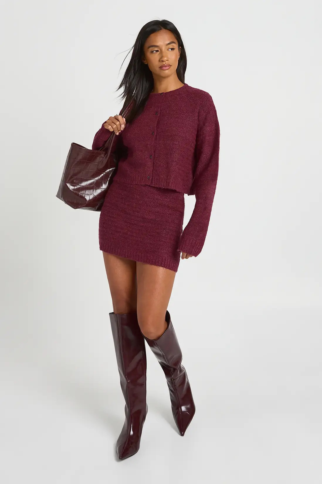 Petite Textured Knit Button Through Knitted Cardigan and Mini Skirt Co-Ord | boohoo (US & Canada)