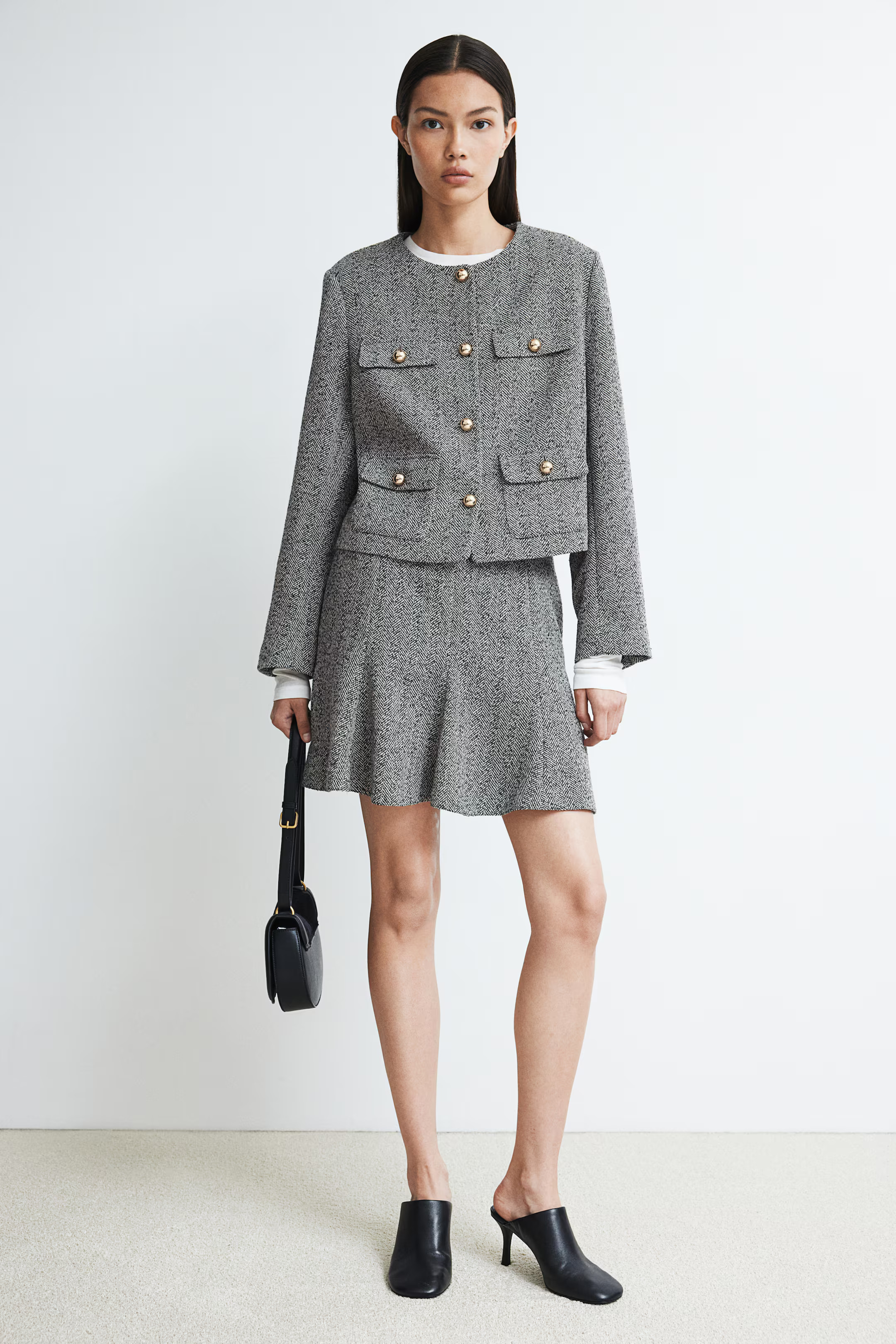 Textured-weave jacket - Round neck - Long sleeve - Grey/Herringbone-patterned - Ladies | H&M GB | H&M (UK, MY, IN, SG, PH, TW, HK)