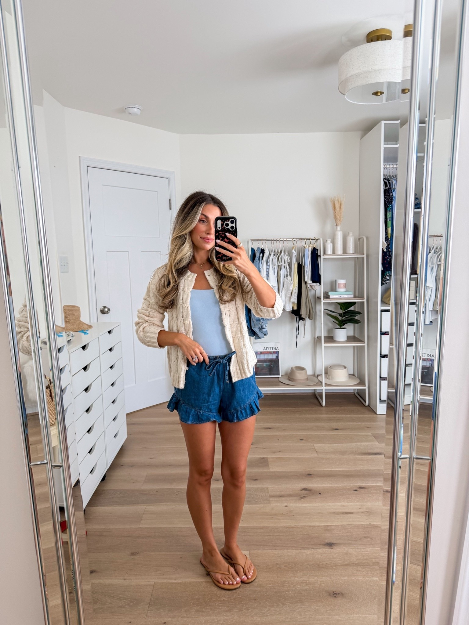 cute & casual summer outfit 
+ Cableknit sweater: xs 
+ tank top: xs 
+ denim ruffle shorts: xs
+ sandals: true to size

#LTKootd #LTKPetite #LTKgrwm