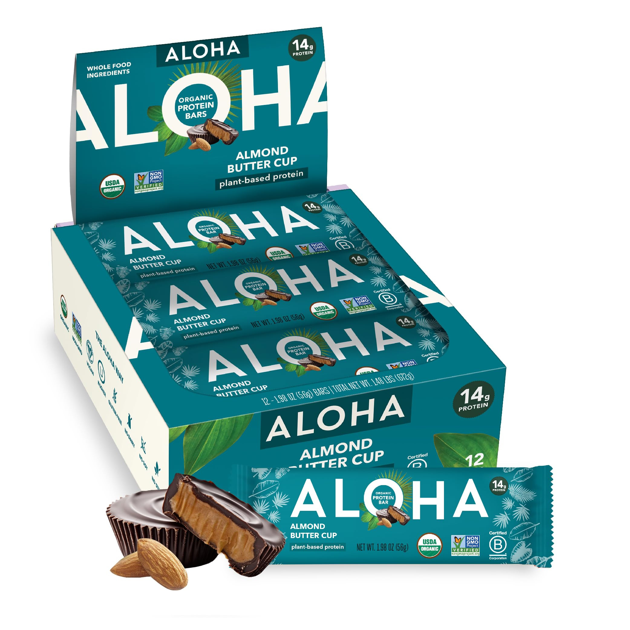 ALOHA Organic Plant Based Protein Bars - Almond Butter Cup - 12 Bars, Vegan, Low Sugar, Gluten-Fr... | Amazon (US)