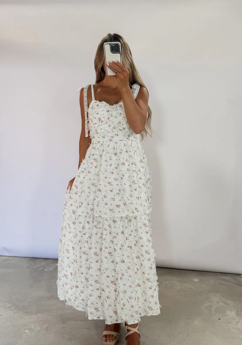 Made To Charm Floral Tiered Midi Dress - Ivory/Pink | CK Squared Boutique