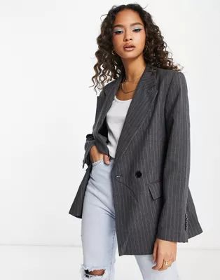 Pull&Bear pinstripe blazer in gray with contrast stripe - part of a set | ASOS (Global)