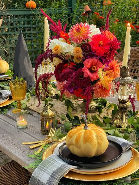 Halloween decor for a dinner party in potager garden 

Faux pumpkins, plaid napkins, stoneware plates, gold flatware, vintage candle holders, jute table runner 

#LTKSeasonal #LTKhome #LTKHalloween