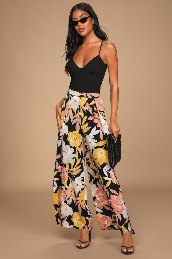 Blissful Vacay Black Floral Print Side Slit Pants | Lulus