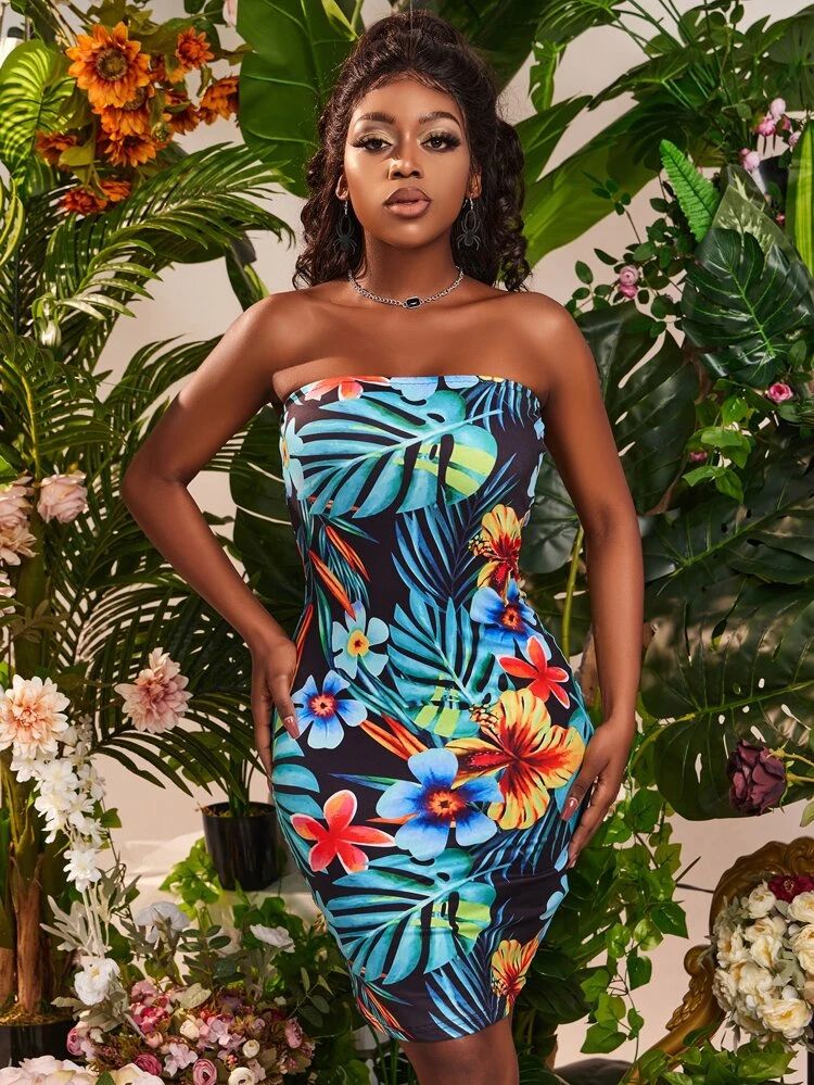 SHEIN SXY Tropical Print Tube Bodycon Dress | SHEIN