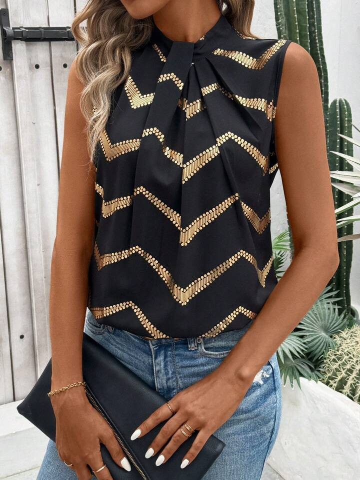 SHEIN LUNE Women Fashionable Sleeveless Shirt With Pleated Design, Casual Summer Blouse | SHEIN