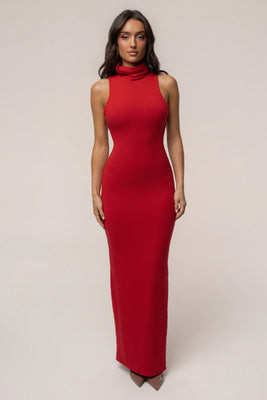 Red Classic Turtleneck Maxi Dress | JLUXLABEL US