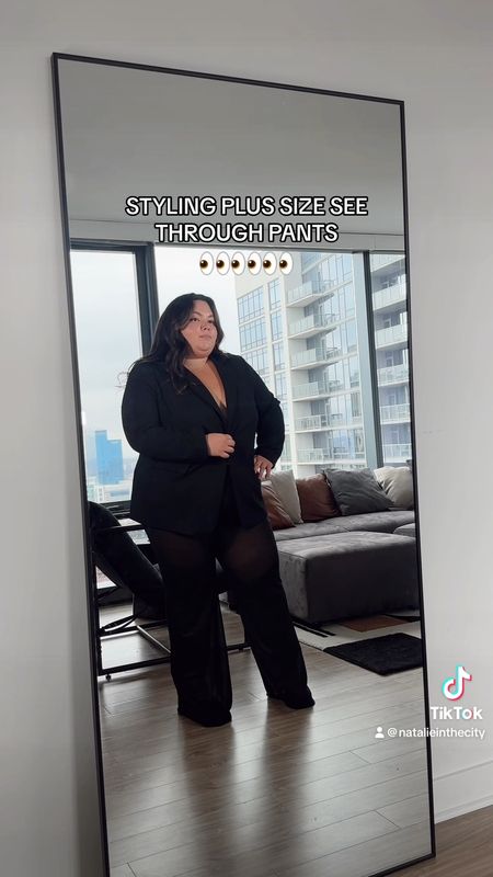 Plus size see through pants outfit / no pants look 
- Pants from AFRM (rented through nuuly & wearing a size 3X) I linked similar pants below! 
- blazer from H&M (size XXL) 
- sweater from Aerie size XXL 

#LTKplussize #LTKmidsize #LTKstyletip