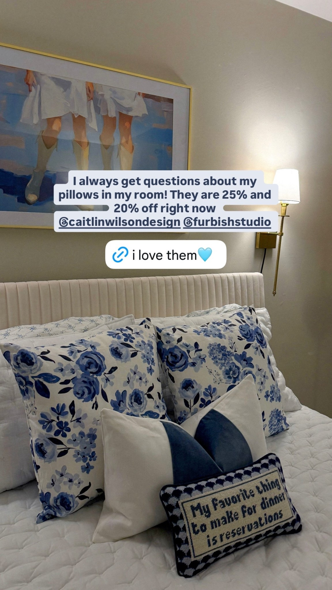 I always get questions about my pillows in my room! They are 25% and 20% off right now @caitlinwilsondesign @furbishstudio