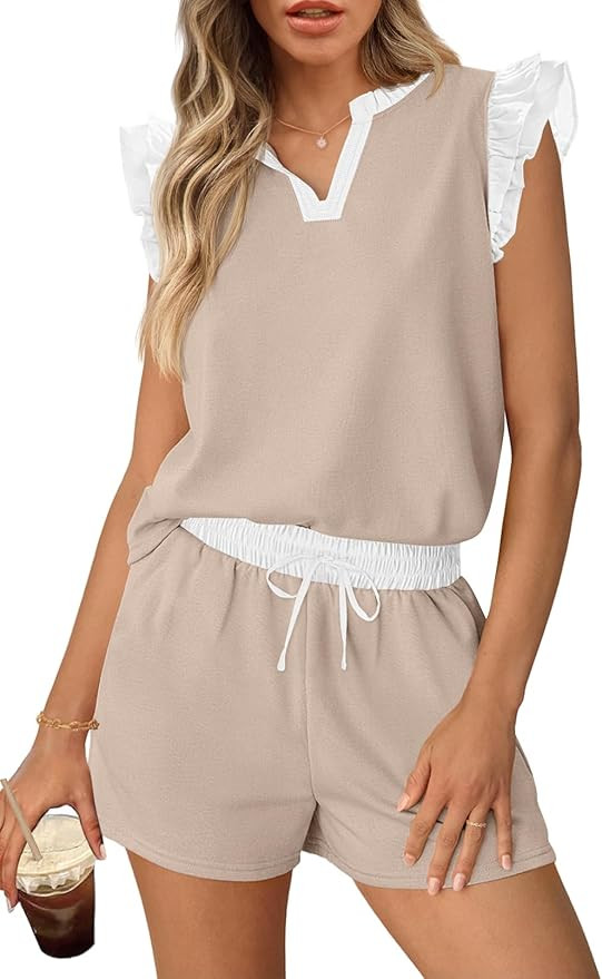 MEROKEETY Women's Summer Two Piece Short Sets Ruffle Sleeve V Neck Cute Tops Matching Lounge Outf... | Amazon (US)