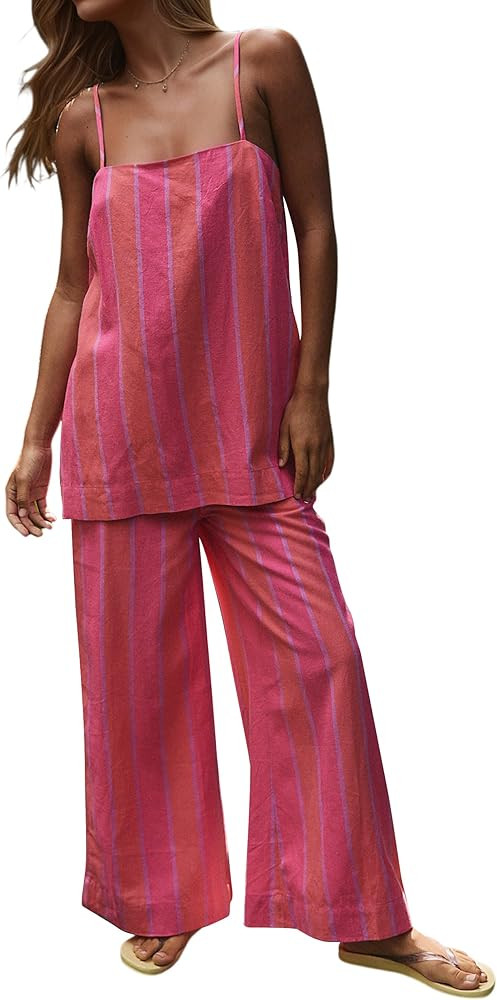 Women 2 Piece Striped Lounge Sets Summer Set Sleeveless Camisole Top Wide Leg Pants Matching Sets... | Amazon (US)
