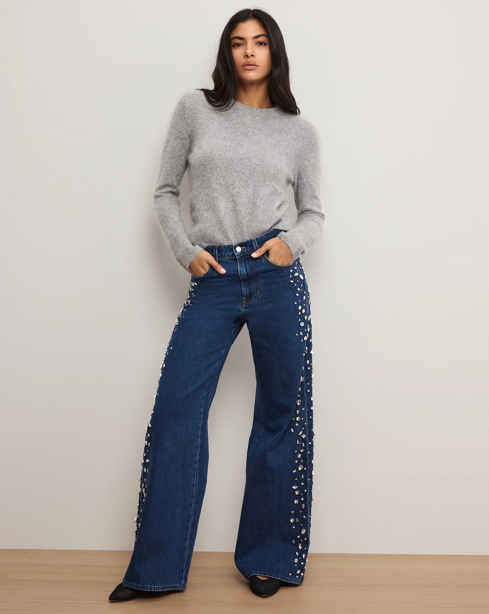 Veronica Beard Kasey Embellished Wide-Leg Jean Stoned Bright Blue | Veronica Beard
