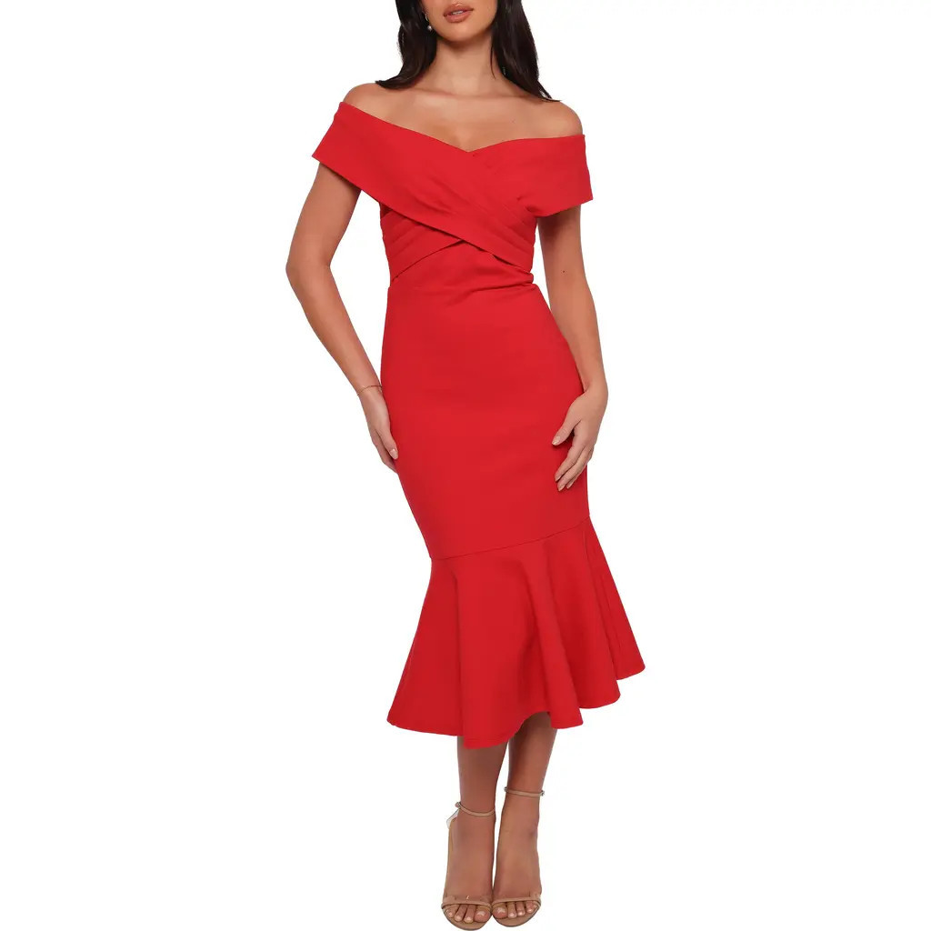 Petal & Pup Dailene Off the Shoulder Midi Dress in Red at Nordstrom, Size X-Small | Nordstrom