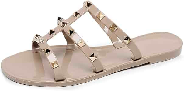 OMGard Jelly Shoes for Women Size 9, Black Studded Jellies Flat Sandals Summer Beach Rivets Strap... | Amazon (US)