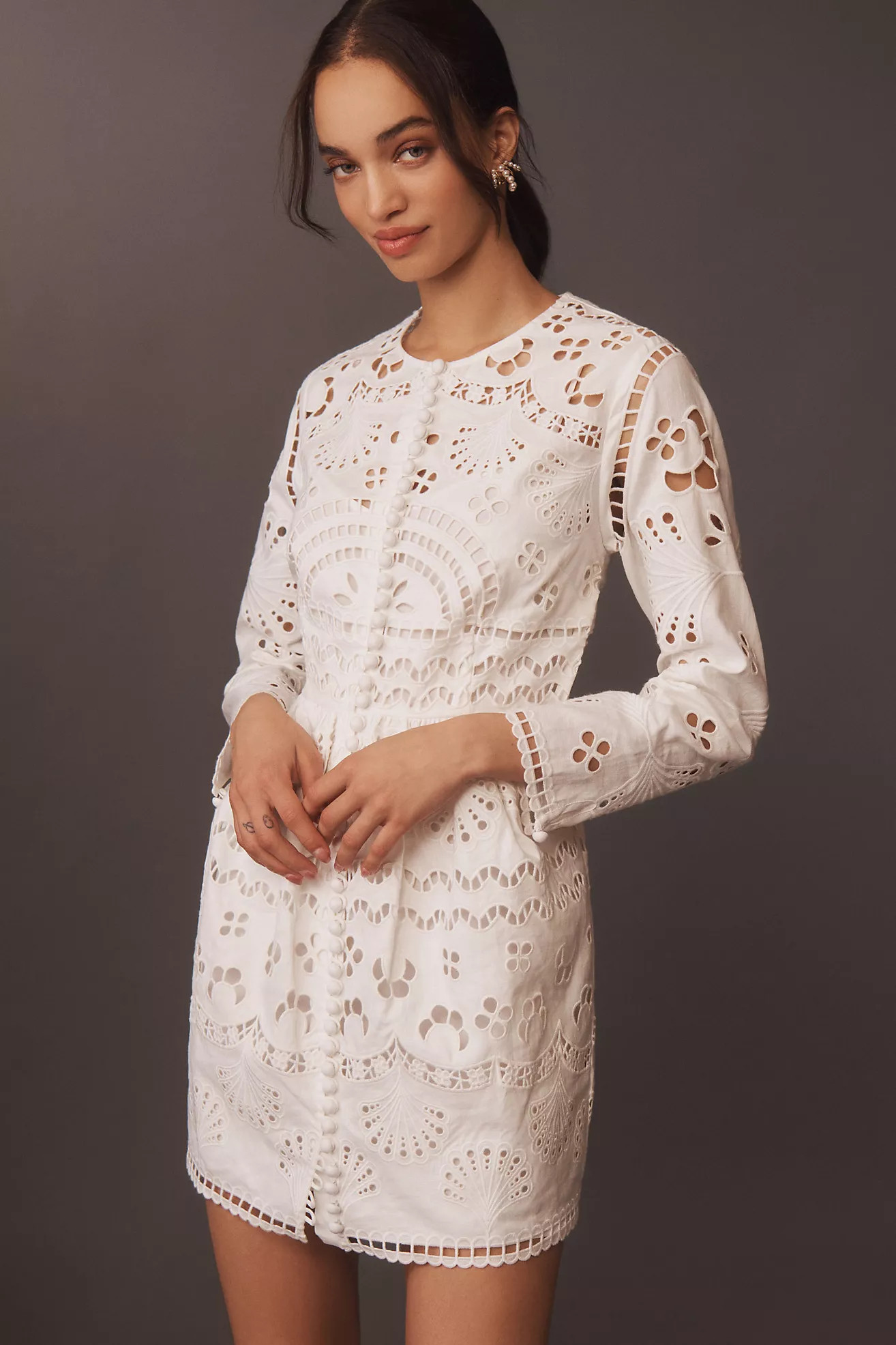 Cynthia Rowley Long-Sleeve Embroidered Cutwork Linen Button-Front Mini Dress | Anthropologie (US)