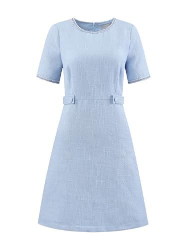 Hobemty Women's Tweed Dress Short Sleeve Crew Neck Elegant A-Line Dresses with Pocket Large Light Blue | Amazon (US)