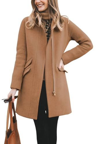 BZB Womens Winter Camel Pea Coat Vintage Zip Up Slim Long Wool Blend Over Open Front Trench Coat Funnel Neck Outerwear Jacket | Amazon (US)