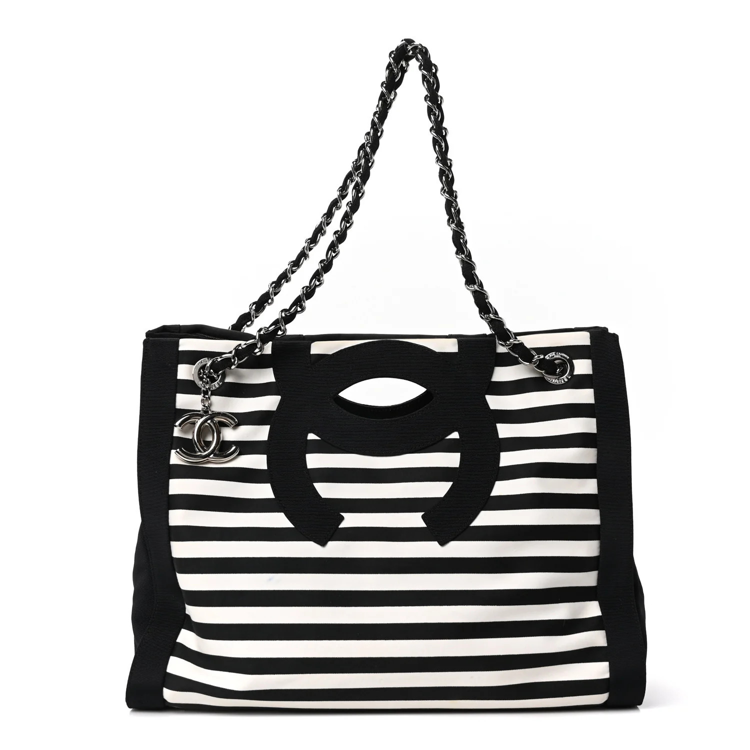 Canvas Grosgrain Striped CC Shopping Tote Black White | FASHIONPHILE (US)