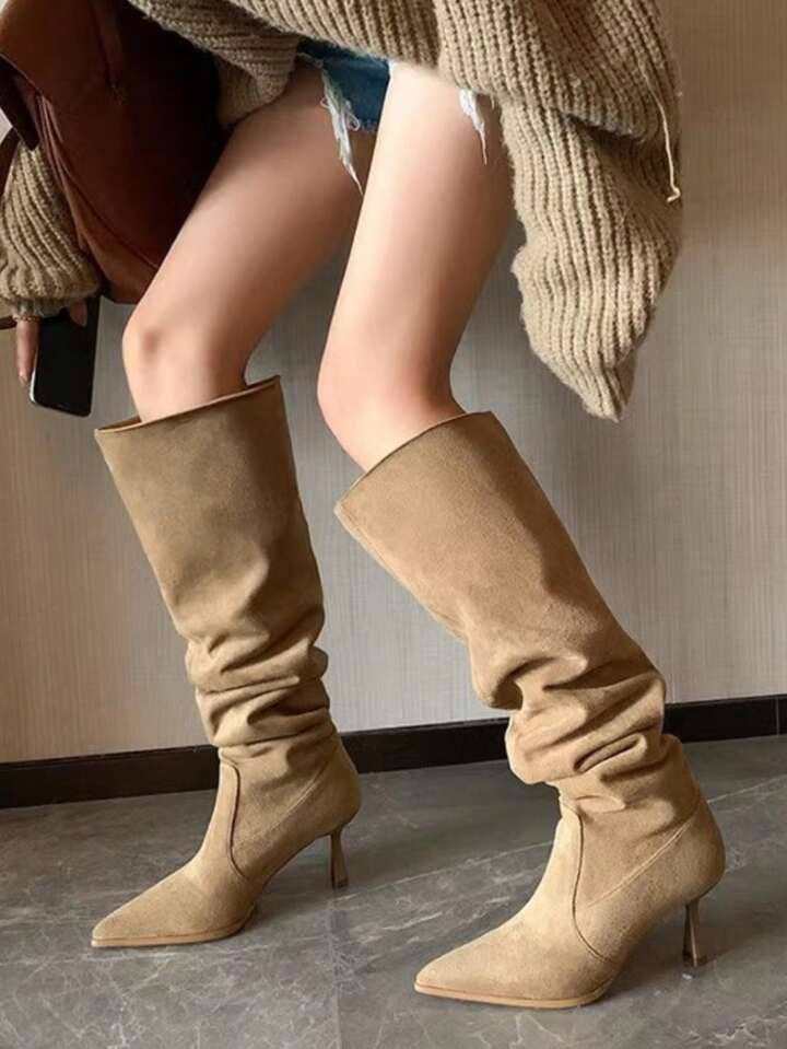 Women's Autumn/Winter Fashionable Over-The-Knee Boots, Wrinkled Design Pointed Toe High Heel Boot... | SHEIN