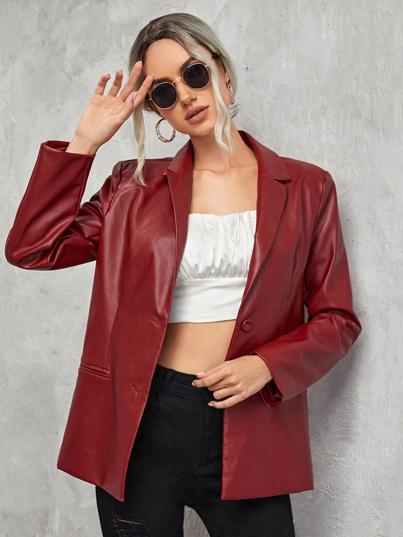 SHEIN Single Breasted PU Leather Blazer | SHEIN