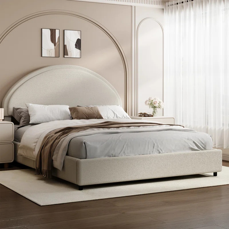 Boucle Upholstered Platform Bed Frame, Soft Bed Frame with Round Headboard, No Box Spring Require... | Wayfair North America