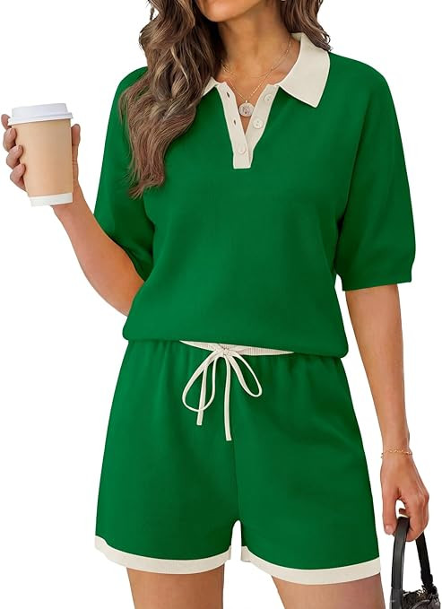 Tankaneo Womens 2 Piece Sweater Short Sets 2026 Summer Vacation Outfits Short Sleeve Knit Collare... | Amazon (US)