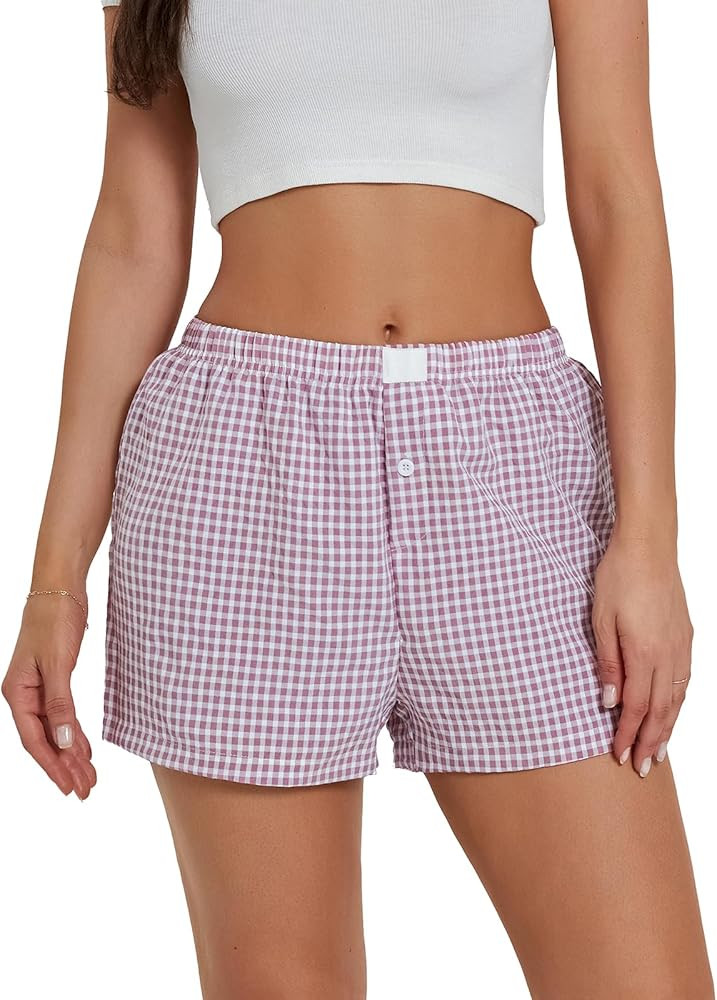 Y2k Plaid Shorts for Women Casual Elastic Waist Aesthetic Lounge Bottom Baggy Pajama Shorts Boxer... | Amazon (US)