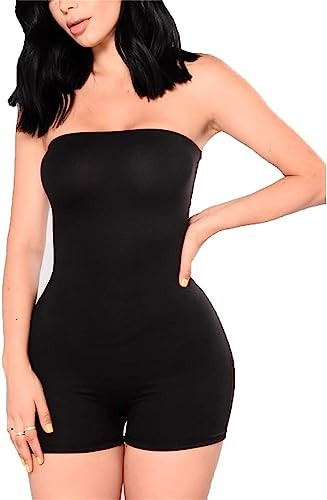 Women Sexy Strapless Bodycon Short Bodysuit Playsuit Strapless Tube Top Romper One Piece Solid Color Jumpsuit Pants Outfit (Black, L) | Amazon (US)
