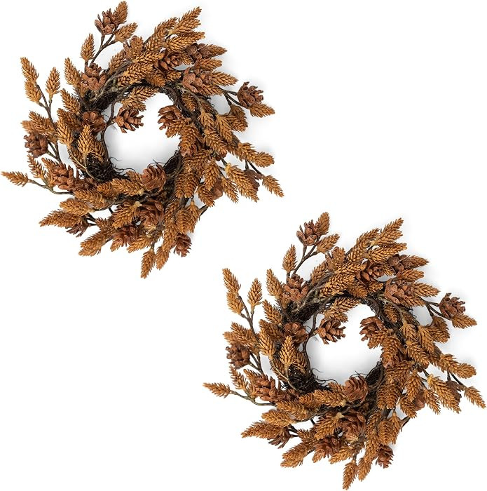 2 Pcs Christmas Candle Rings Wreaths, 10 Inch Candle Wreath with Artificial Brown Pinecone, Chris... | Amazon (US)