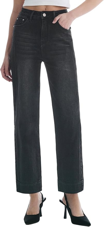 Women’s Straight Leg Jeans High Waisted Cropped Trendy Jeans Wide Leg Zipper Denim Pants | Amazon (US)