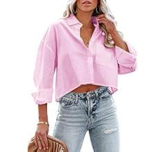 Tankaneo Womens Button Down Cropped Shirts Long Sleeve Casual Crop Tops Solid Lapel Blouse Shirt ... | Amazon (US)