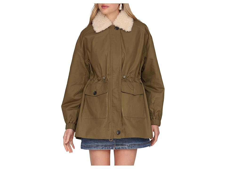 Avec Les Filles Cinched Cotton Jacket With Faux Shearling Collar Women's Coat Army Green : MD | Zappos