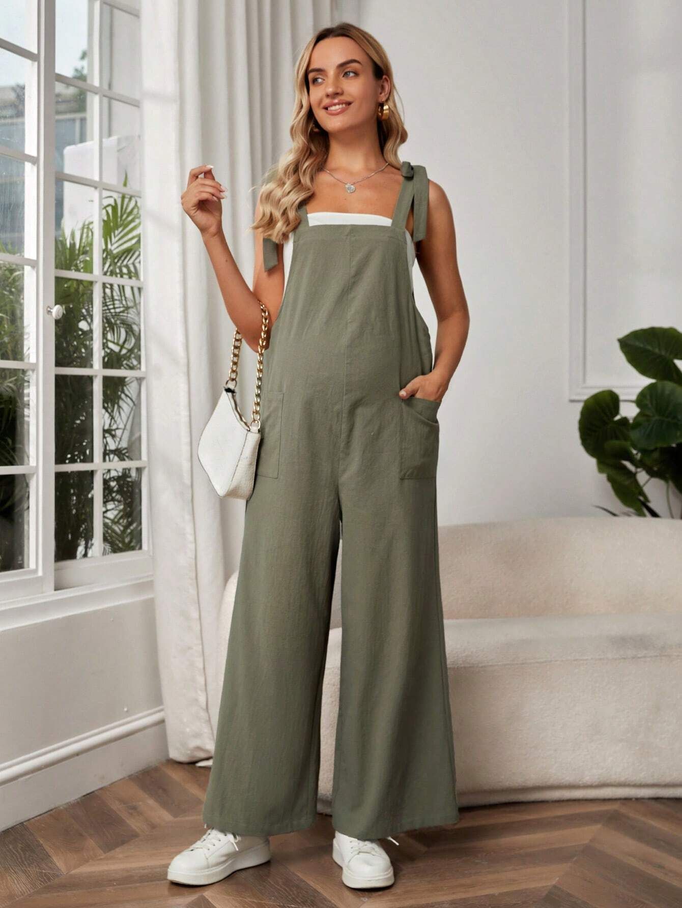 SHEIN Maternity Tie Shoulder Patch Pocket Wide Leg Overall Jumpsuit Without Tube Top | SHEIN