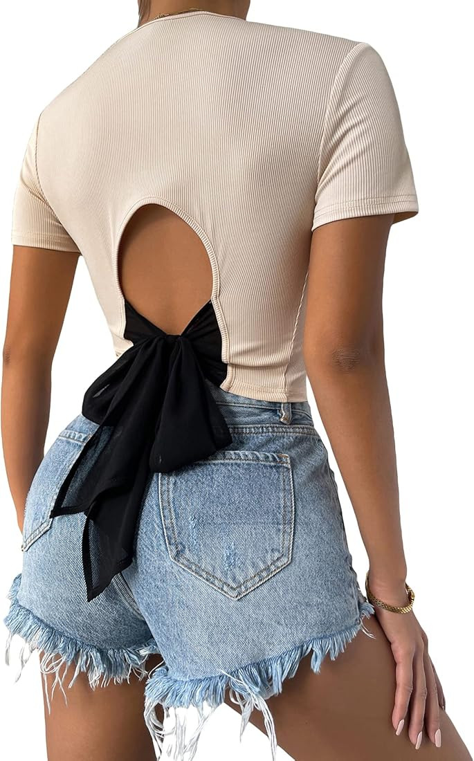 Verdusa Women's Cut Out Knot Back Short Sleeve Round Neck Crop T Shirt Tee Top | Amazon (US)