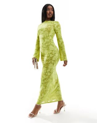 ASOS DESIGN low back sheer burnout mesh maxi dress with angel sleeves in lime | ASOS (Global)