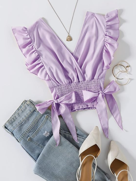 LYANER Women's V Neck Polka Dots Ruffle Cap Sleeve Shirred Hem Blouse Crop Tank Top | Amazon (US)