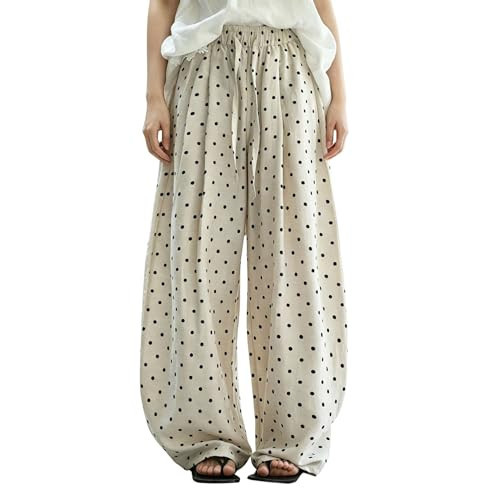 Zoziiee Women Polka Dot Pants Linen Blend Wide Leg High Waist Drawstring Casual Loose Vacation Lounge Palazzo Trousers(Khaki,S) | Amazon (US)