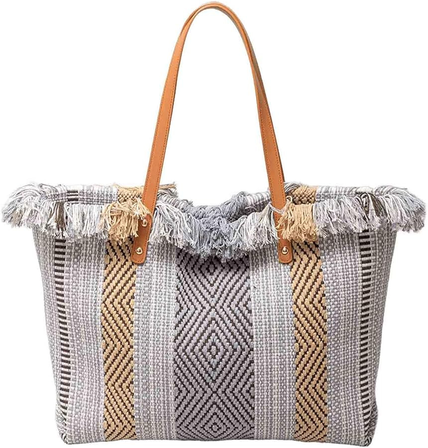 Women's large capacity canvas handbag shoulder bag beach bag tassel embroidered commuter women's ... | Amazon (US)