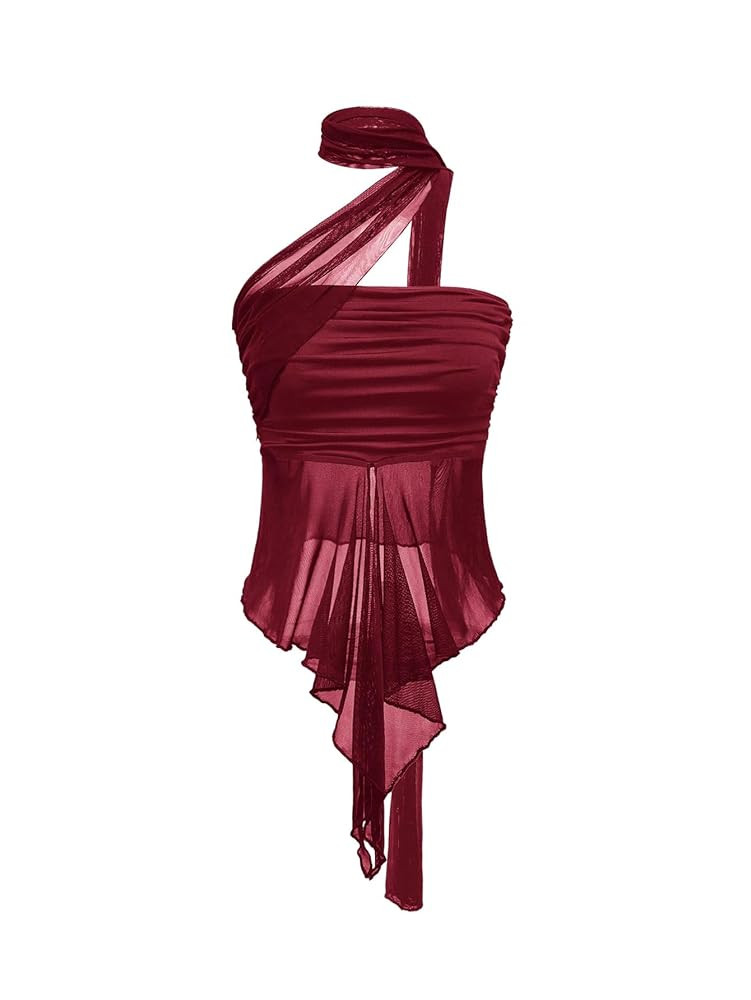 OYOANGLE Women's Sheer Ruffle Trim Halter Tops Asymmetrical Hem Ruched Sleeveless Fitted Crop Top... | Amazon (US)